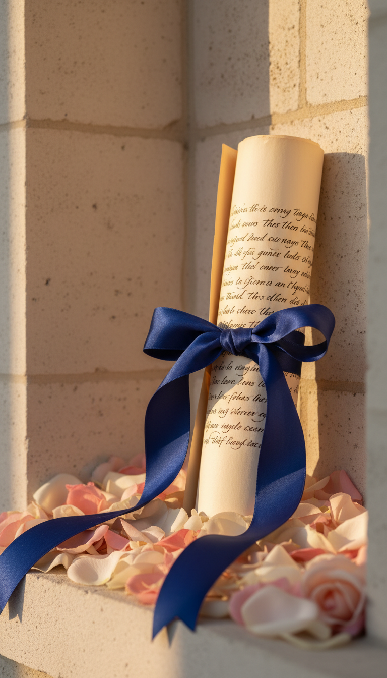 A beautifully crafted scroll of parchment featuring handwritten calligraphy scripture, delicately tied with a silk ribbon in deep royal blue, lying atop a bed of soft, fresh rose petals in shades of blush and white. The setting is a luminous, uncluttered alcove with pale stone walls and subtle textures. Gentle, golden hour light pours in from the side, casting soft highlights on the parchment and enhancing the rich color of the ribbon, while subtle shadows provide depth. Photographed from a low, close-up angle, the composition utilizes rule of thirds to underscore the scroll’s significance. The artistic style is refined and elegant, reinforcing themes of spiritual preparation and divine calling.