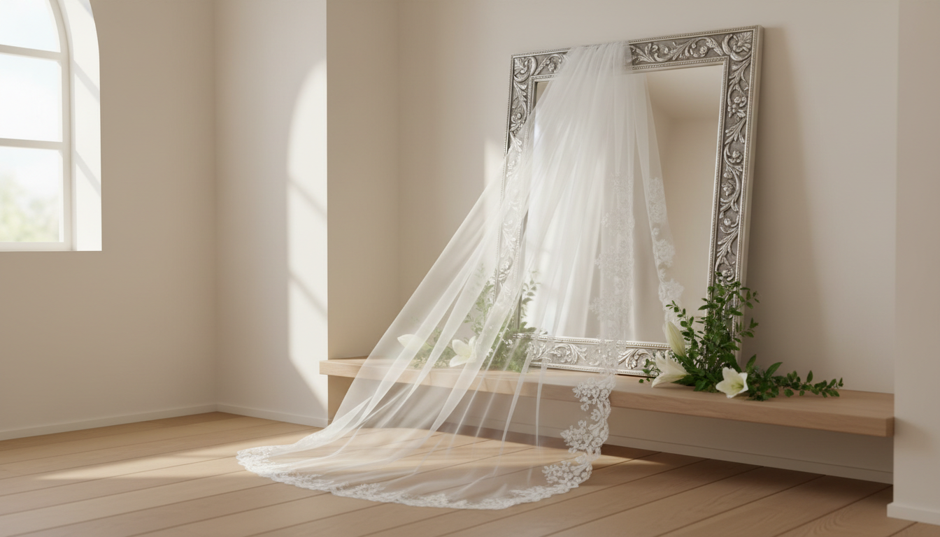 A translucent, flowing white bridal veil draped gracefully over an ornate silver mirror, positioned in a minimalist prayer room with warm natural wood floors and soft ivory walls. Sunbeams filter through a nearby arched window, illuminating the veil’s fine lace edges and creating ethereal highlights and gentle shadows across the reflective surface. Surrounding the mirror are sprigs of myrtle and unopened lilies, symbolizing purity and devotion. Photographed with an eye-level, centered composition and a shallow depth of field, this image radiates a peaceful, introspective mood within a clean, airy, modern aesthetic—capturing the essence of inner spiritual readiness.